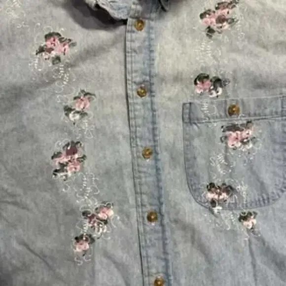 Three Rivers Hand Painted Floral Denim Button-Up Shirt - Picture 3 of 5